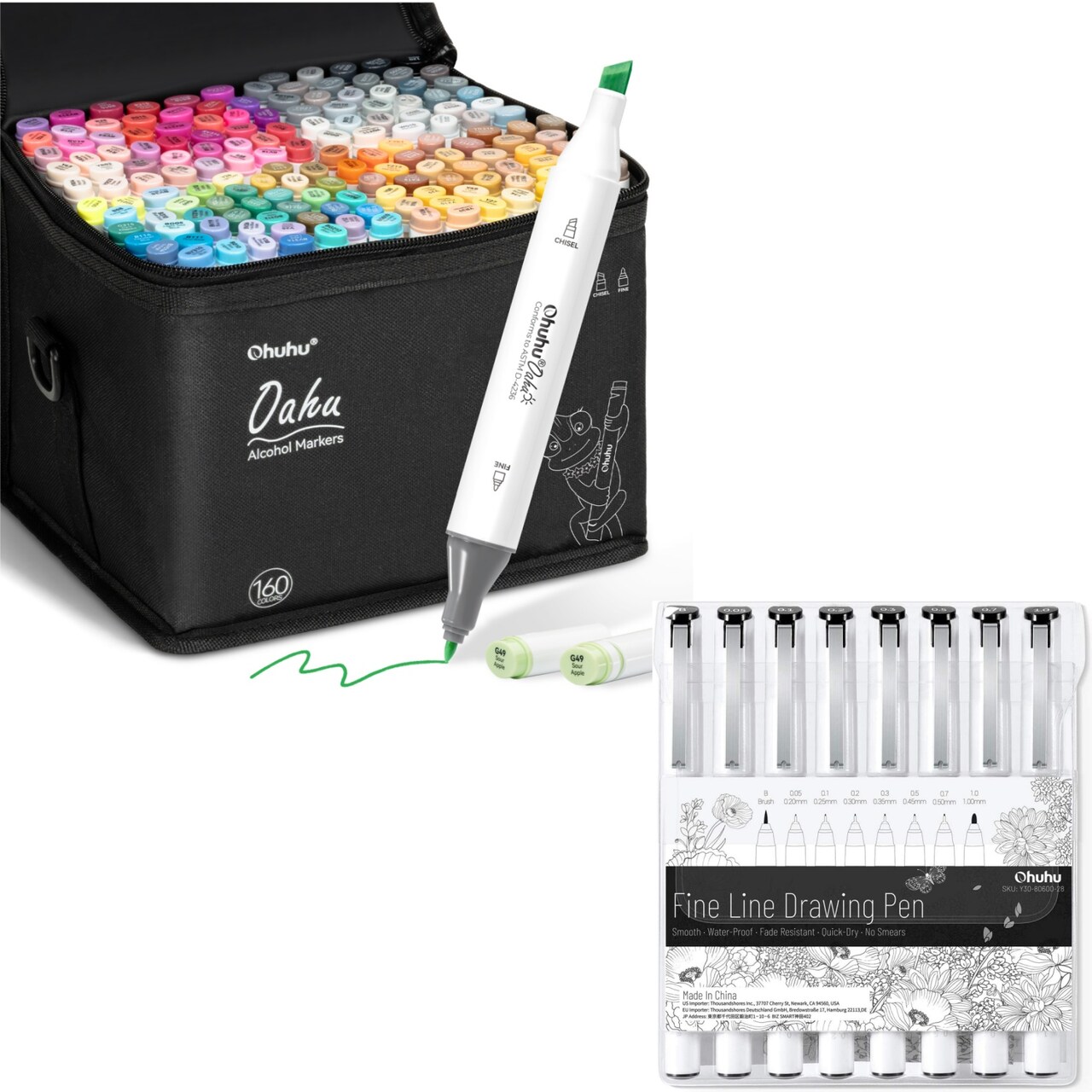 Ohuhu Oahu 160-Color Chisel & Fine Dual Tip Alcohol Marker Set + 8-size Tips Fineliner Pens